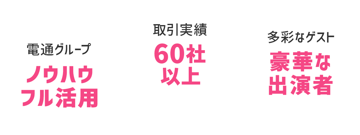 電通グループノウハウフル活用・取引実績60社以上・多彩なゲスト豪華な出演者